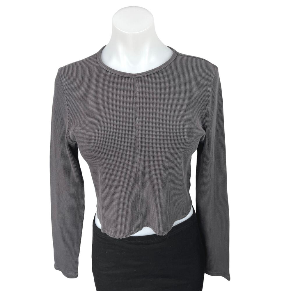 Madewell Women's Gray Waffle Knit Long Sleeve Crew Neck Crop Sweater Top Size M
